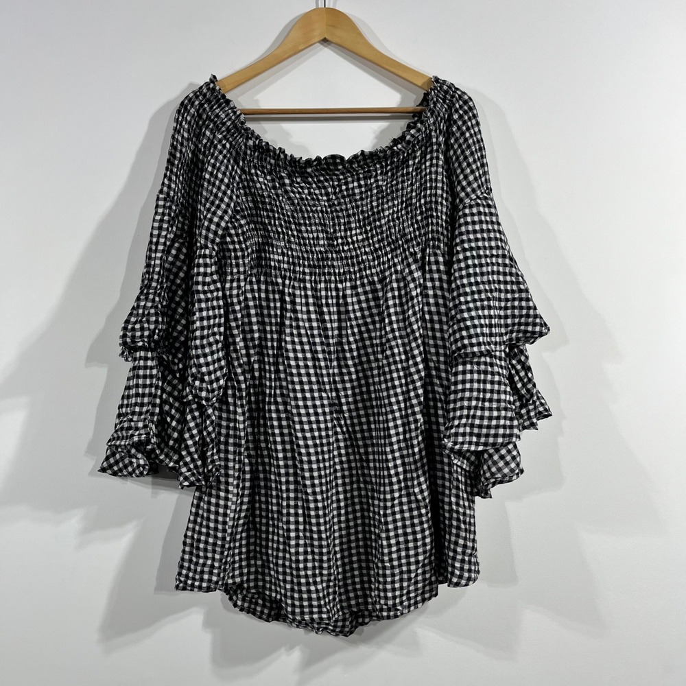 Live4Truth Preppy Old Money Gingham Smocked Cottagecore Top XL Retro Bell Sleeve